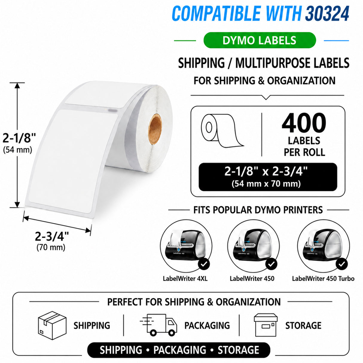 30324 Media Labels Compatible with Dymo LabelWriter â 2-1/8" x 2-3/4" | Crisp Print | Strong Adhesive | Jam-Free | 400 Labels Per Roll
