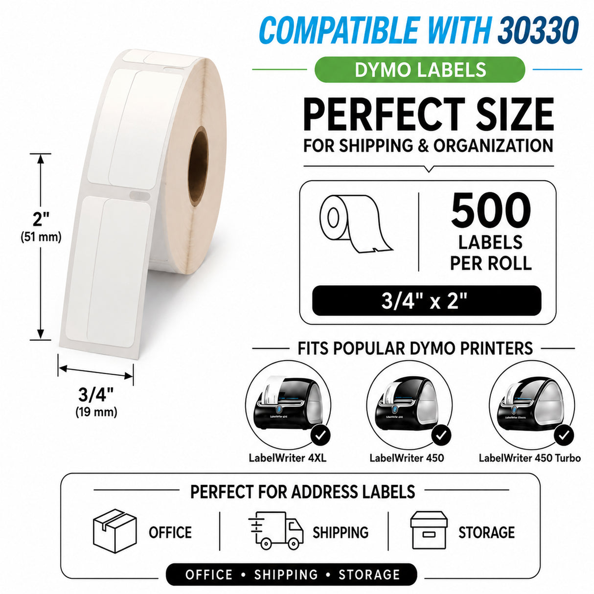 30330 Return Address Labels Compatible with Dymo LabelWriter – 3/4" x 2" | Crisp Print | Strong Adhesive | Jam-Free| 500 Labels Per Roll