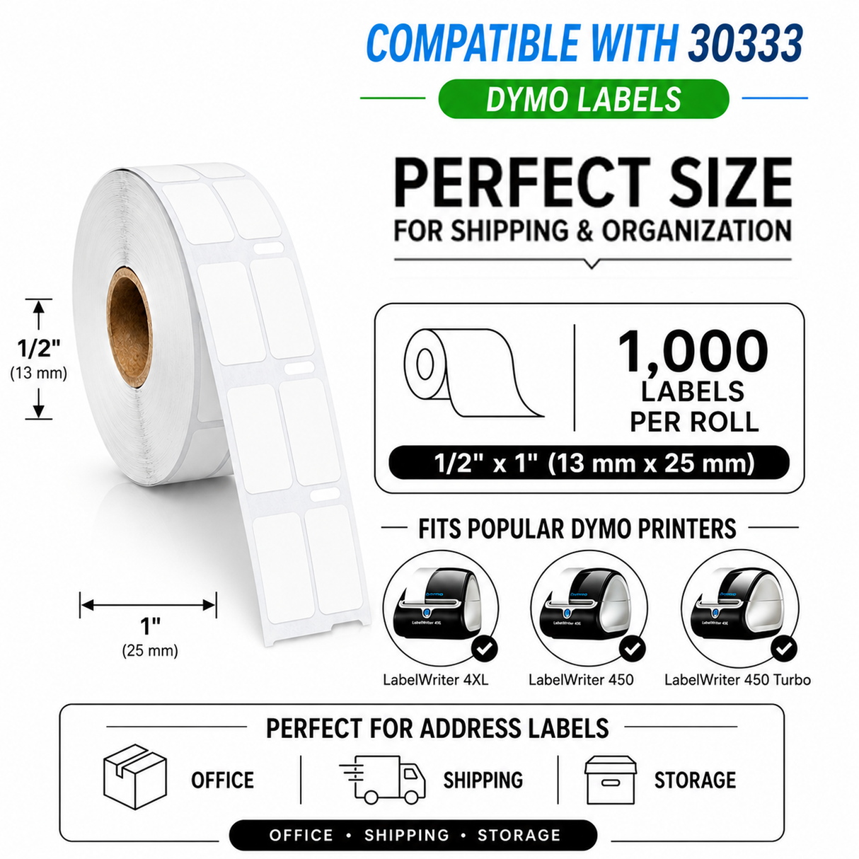 30333 Multipurpose Labels Compatible with Dymo LabelWriter – 1/2" x 1" | Crisp Print | Strong Adhesive | Jam-Free| 1,000 Labels Per Roll