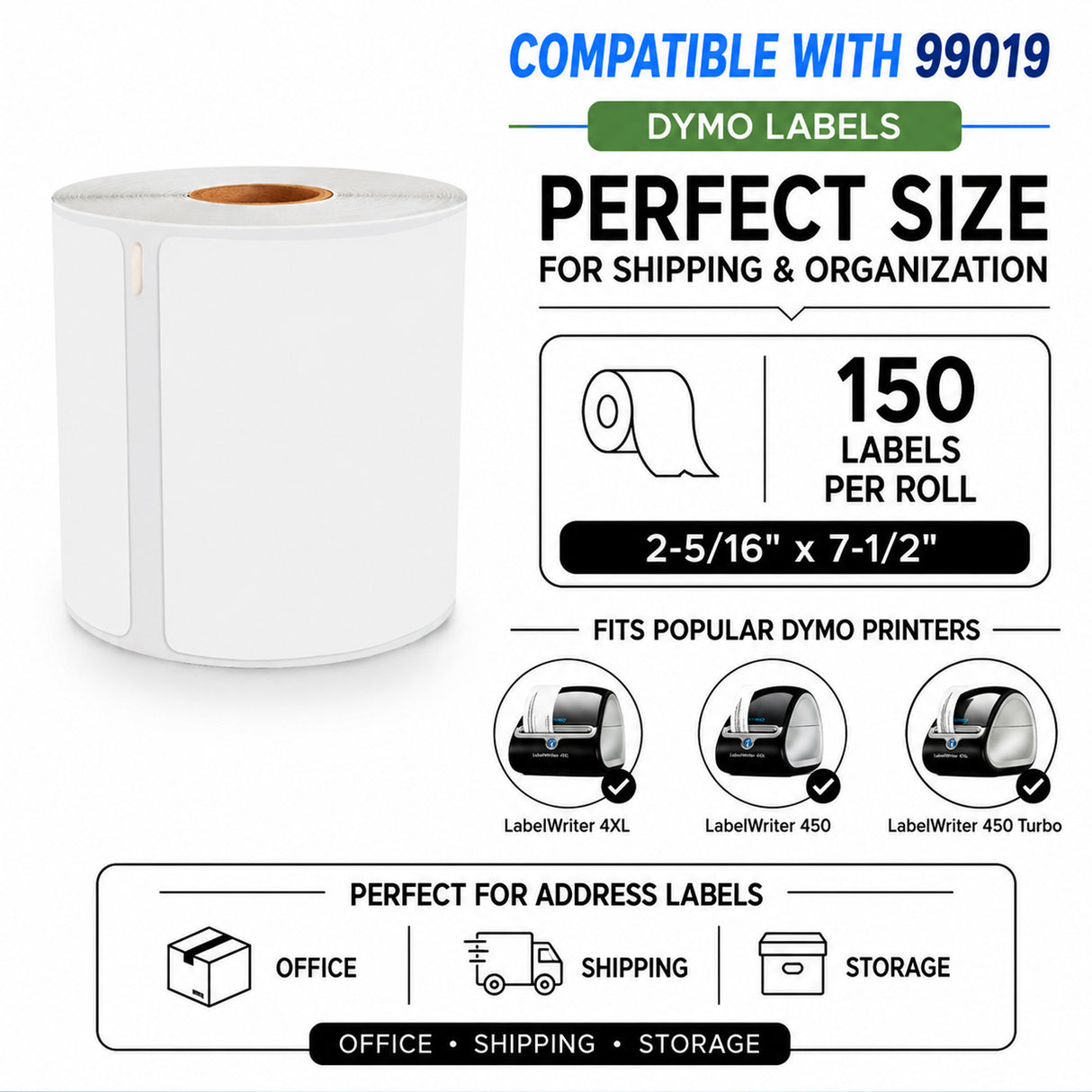 99019 PayPal & Internet Postage Labels and 1-Part eBay Labels Compatible with Dymo LabelWriter â 2-5/16" x 7-1/2" | Crisp Print | Strong Adhesive | Jam-Free| 150 Labels Per Roll