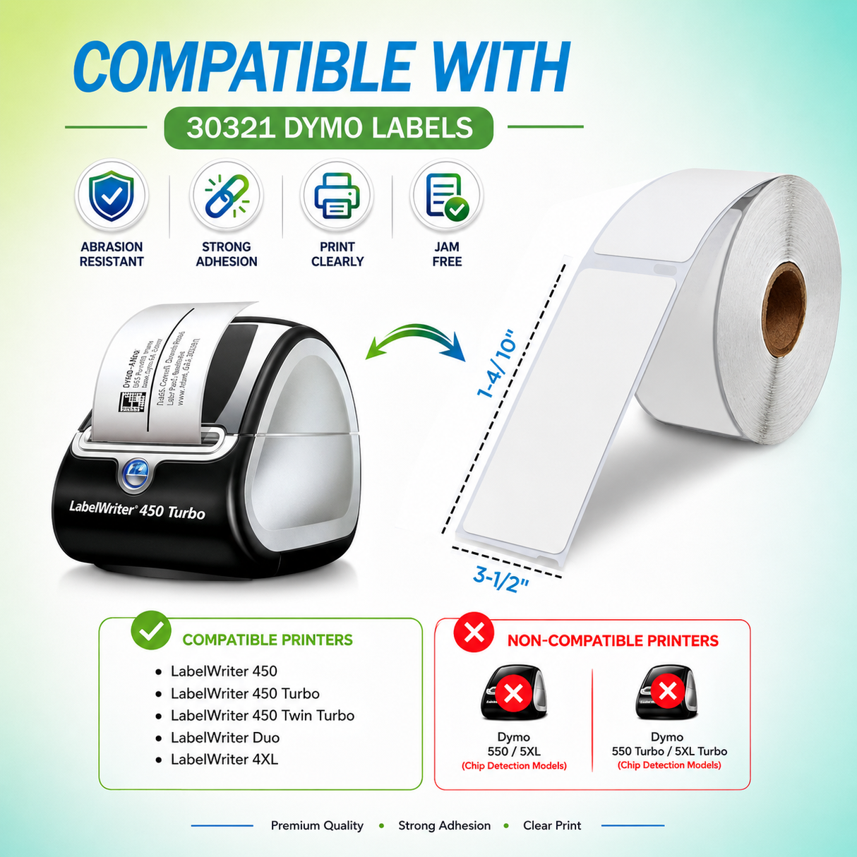 30321 Premium Compatible Dymo Multipurpose Labels ā 3-1/2" x 1-4/10" | Sharp Print | Strong Adhesive | Jam-Free | 260 Labels/Roll