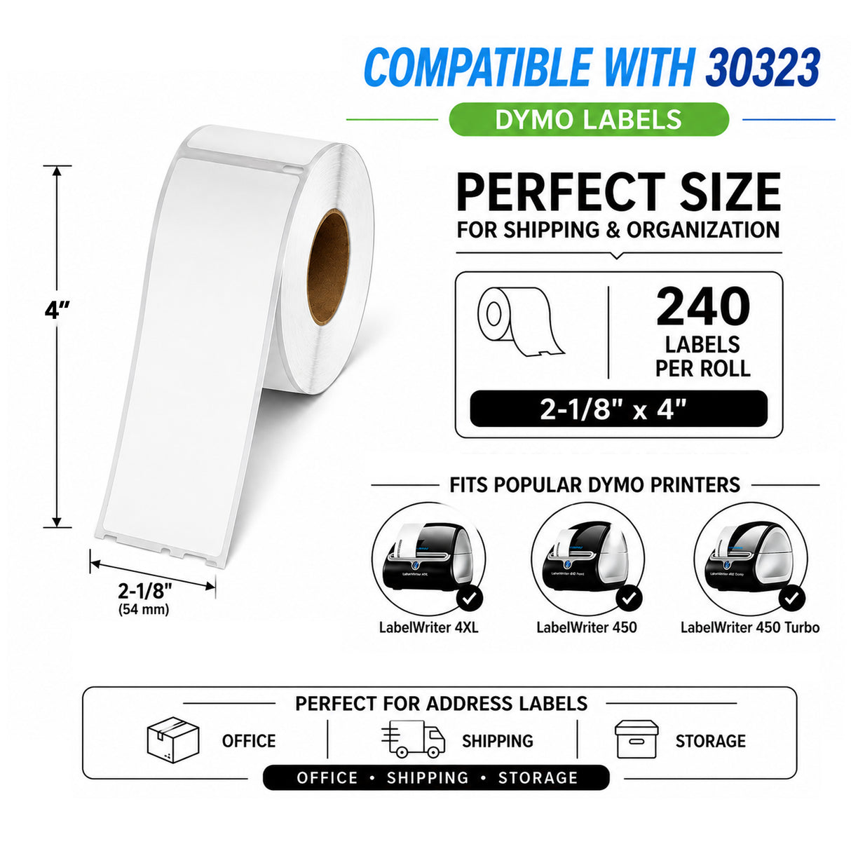 30323 Shipping Labels Compatible with Dymo LabelWriter ā 2-1/8" x 4" | Crisp Print | Strong Adhesive | Jam-Free| 240 Labels Per Roll