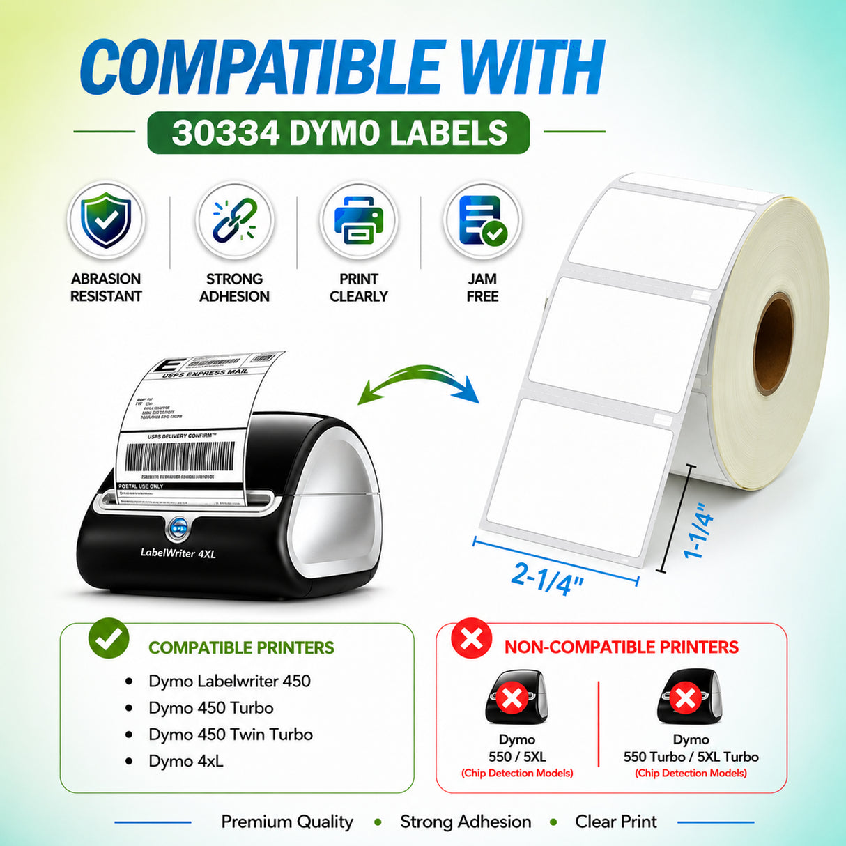30334 Multipurpose Labels Compatible with Dymo LabelWriterâ 2-1/4" x 1-1/4" | Clear Print | Strong Adhesive | Jam-Free | 1,000 Labels/Roll