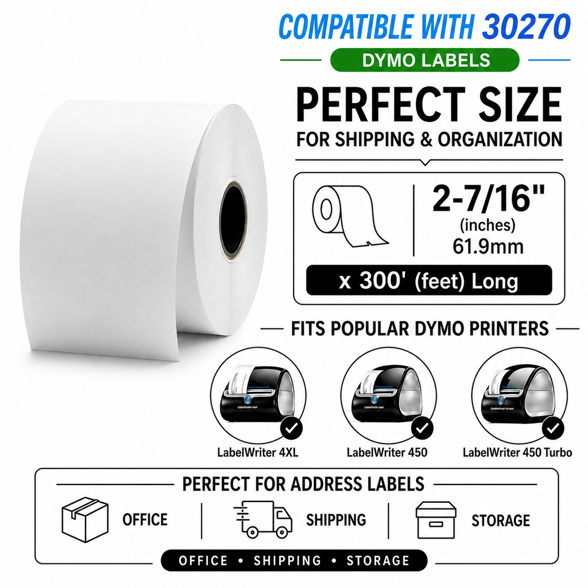 30270 Receipt Paper Rolls Compatible with Dymo | Crisp Print | 2-7/16" (inches) x 300' (feet) Long | Jam-Free| Crisp Print