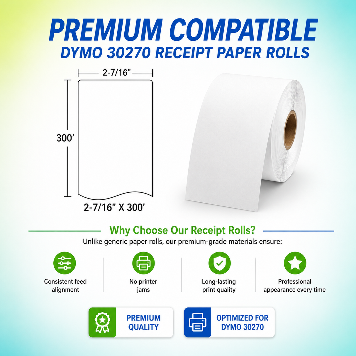 30270 Receipt Paper Rolls Compatible with Dymo | Crisp Print | 2-7/16" (inches) x 300' (feet) Long | Jam-Free| Crisp Print