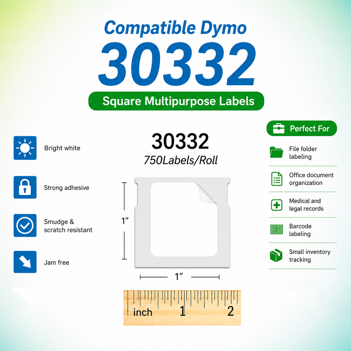 30332 Multipurpose Labels Compatible with Dymo LabelWriter – 1" x 1" | Crisp Print | Strong Adhesive | Jam-Free | 750 Labels Per Roll