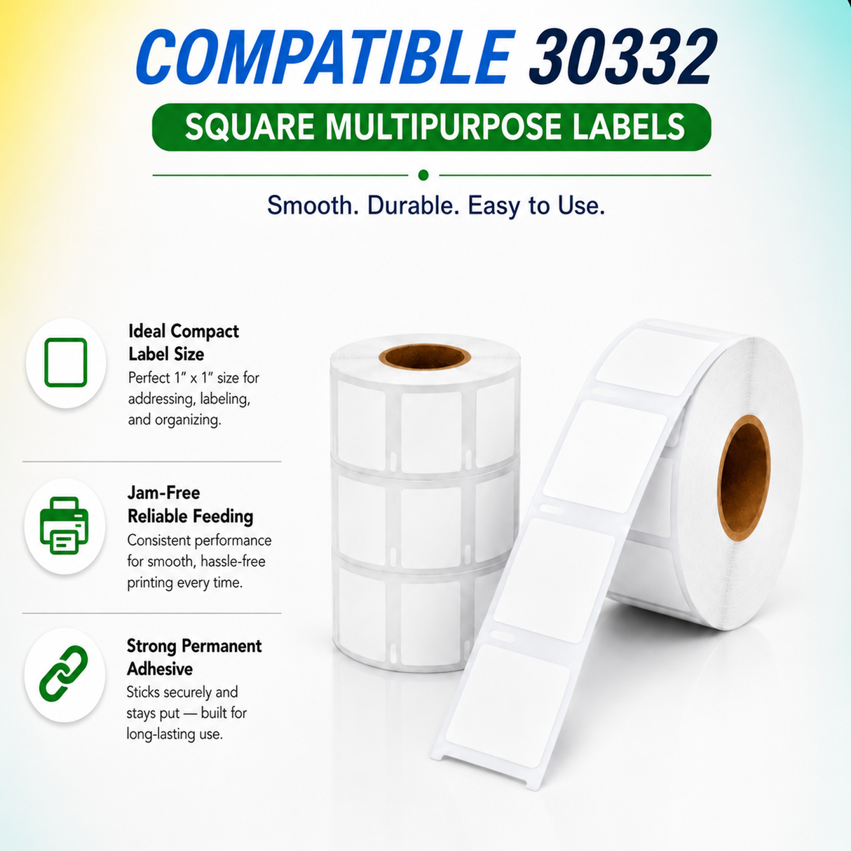 30332 Multipurpose Labels Compatible with Dymo LabelWriter – 1" x 1" | Crisp Print | Strong Adhesive | Jam-Free | 750 Labels Per Roll