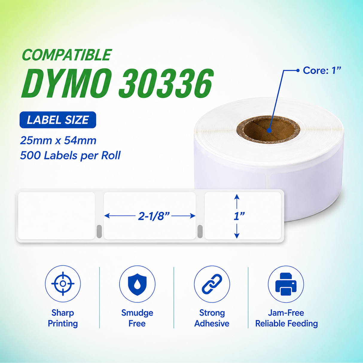 30336 Multipurpose Labels Compatible with Dymo LabelWriter | 1” x 2 1/8”– Crisp Print | Strong Adhesive | Jam-Free | 500 Labels Per Roll