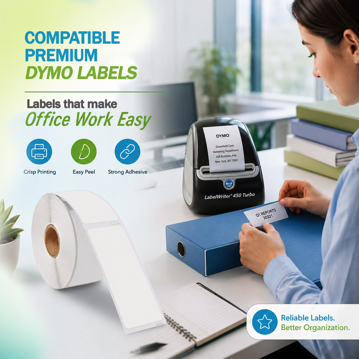 30321 Premium Compatible Dymo Multipurpose Labels ā 3-1/2" x 1-4/10" | Sharp Print | Strong Adhesive | Jam-Free | 260 Labels/Roll