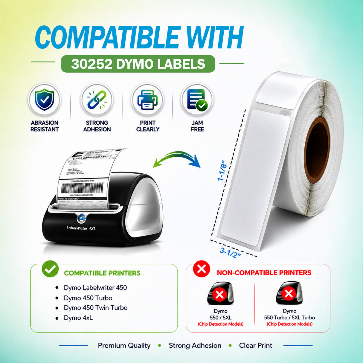 30252 Address Labels Compatible with Dymo – 1-1/8" x 3-1/2" | Crisp Print | Strong Adhesive | Jam-Free| 350 Labels/Roll