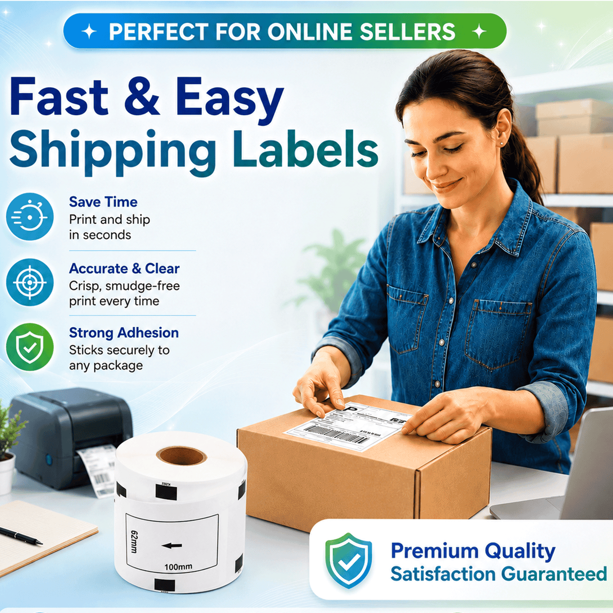 Brother DK-1202 Compatible Shipping / Multipurpose Labels – 2.4" x 4" | Crisp Print | Strong Adhesive | Jam-Free | 300 Labels Per Roll
