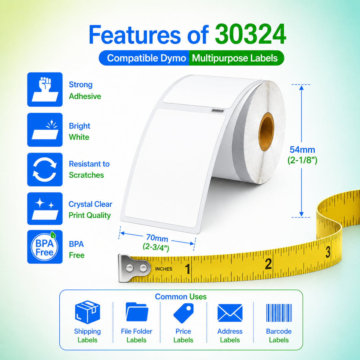 30324 Media Labels Compatible with Dymo LabelWriter – 2-1/8" x 2-3/4" | Crisp Print | Strong Adhesive | Jam-Free | 400 Labels Per Roll