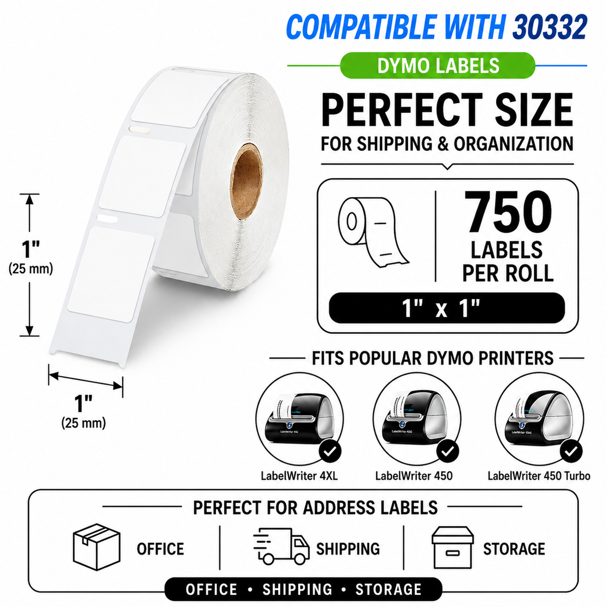 30332 Multipurpose Labels Compatible with Dymo LabelWriter – 1" x 1" | Crisp Print | Strong Adhesive | Jam-Free | 750 Labels Per Roll