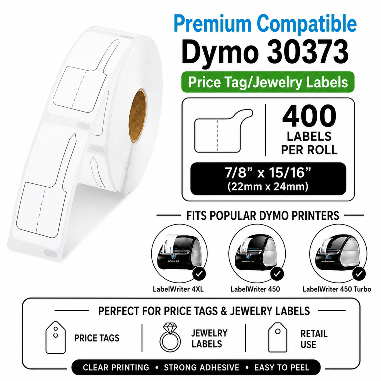 30373 Price Tag/Jewelry Labels Compatible with Dymo LabelWriter - 7/8” x 15/16”– Crisp Print | Strong Adhesive | Jam-Free | 400 Labels Per Roll