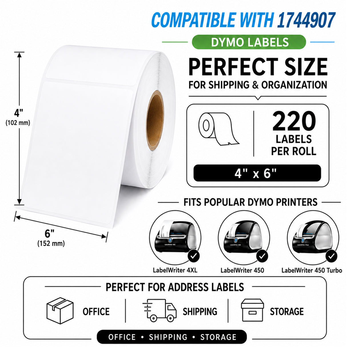 1744907 Shipping Labels Compatible with Dymo LabelWriter – 4" x 6" | Crisp Print | Strong Adhesive | Jam-Free | 220 Labels Per Roll