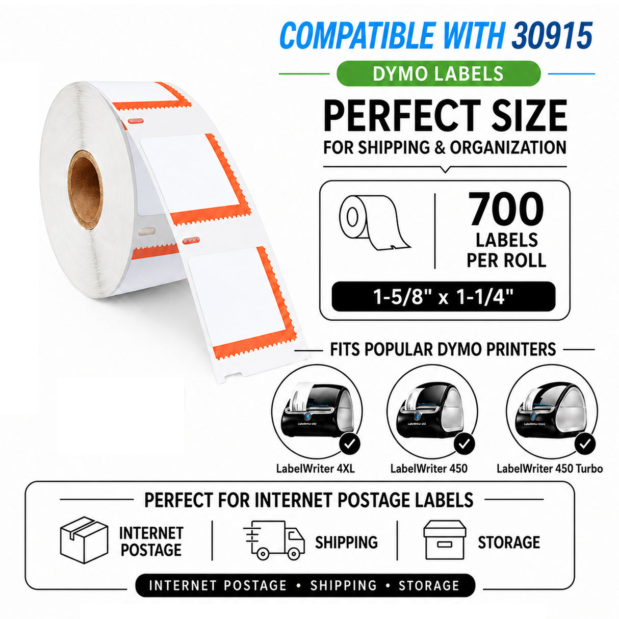 30915 Internet Postage Labels Compatible with Dymo LabelWriter – 1-5/8" x 1-1/4" (41mm x 32mm) | Crisp Print | Strong Adhesive | Jam-Free | 700 Labels/Roll