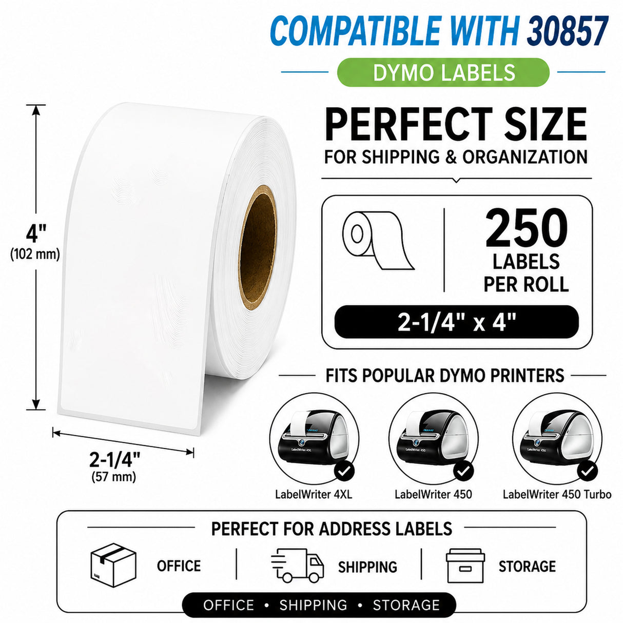 30857 Name Badge Labels/Appointment Labels Compatible with Dymo LabelWriter – 2-1/4" x 4" | Crisp Print | Strong Adhesive | Jam-Free | 250 Labels Per Roll