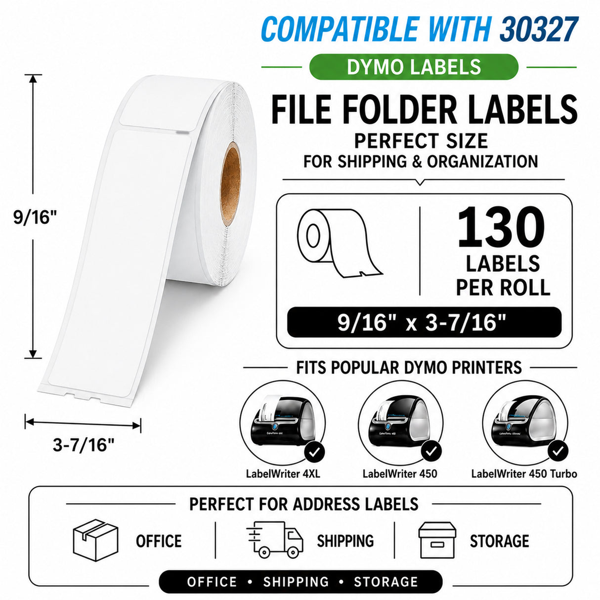 30327 File Folder Labels Compatible with Dymo LabelWriter– 9/16" x 3-7/16" | Crisp Print | Strong Adhesive | Jam-Free | 130 Labels Per Roll