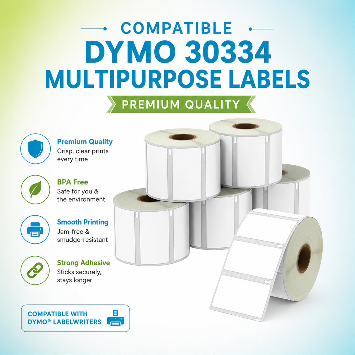 30334 Multipurpose Labels Compatible with Dymo LabelWriter– 2-1/4" x 1-1/4" | Clear Print | Strong Adhesive | Jam-Free | 1,000 Labels/Roll