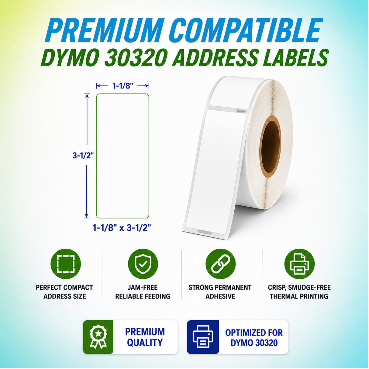 30320 Address Labels Compatible with Dymo– 1-1/8" x 3-1/2" | Crisp Print | Strong Adhesive | Jam-Free| 260 Labels Per Roll