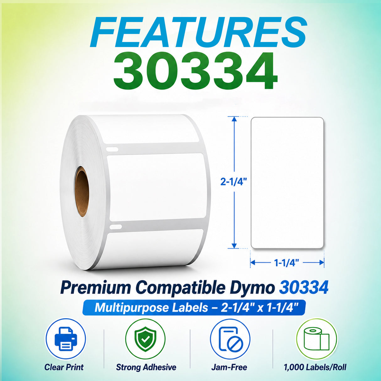 30334 Multipurpose Labels Compatible with Dymo LabelWriter– 2-1/4" x 1-1/4" | Clear Print | Strong Adhesive | Jam-Free | 1,000 Labels/Roll
