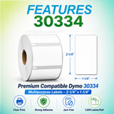 30334 Multipurpose Labels Compatible with Dymo LabelWriter– 2-1/4" x 1-1/4" | Clear Print | Strong Adhesive | Jam-Free | 1,000 Labels/Roll