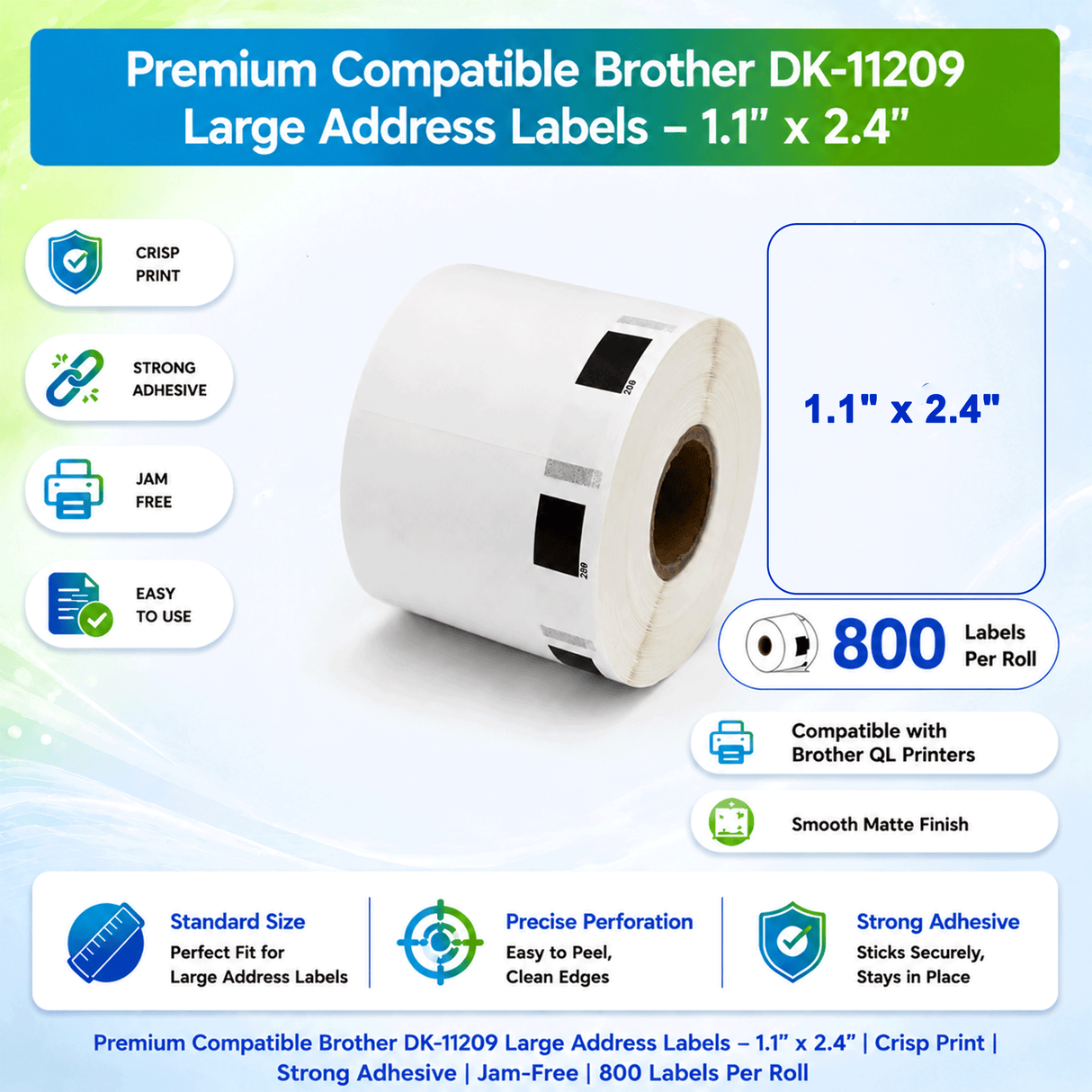 Brother DK-1209 Compatible Large Address Labels – 1.1" x 2.4" | Crisp Print | Strong Adhesive | Jam-Free | 800 Labels Per Roll