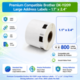 Brother DK-1209 Compatible Large Address Labels – 1.1" x 2.4" | Crisp Print | Strong Adhesive | Jam-Free | 800 Labels Per Roll