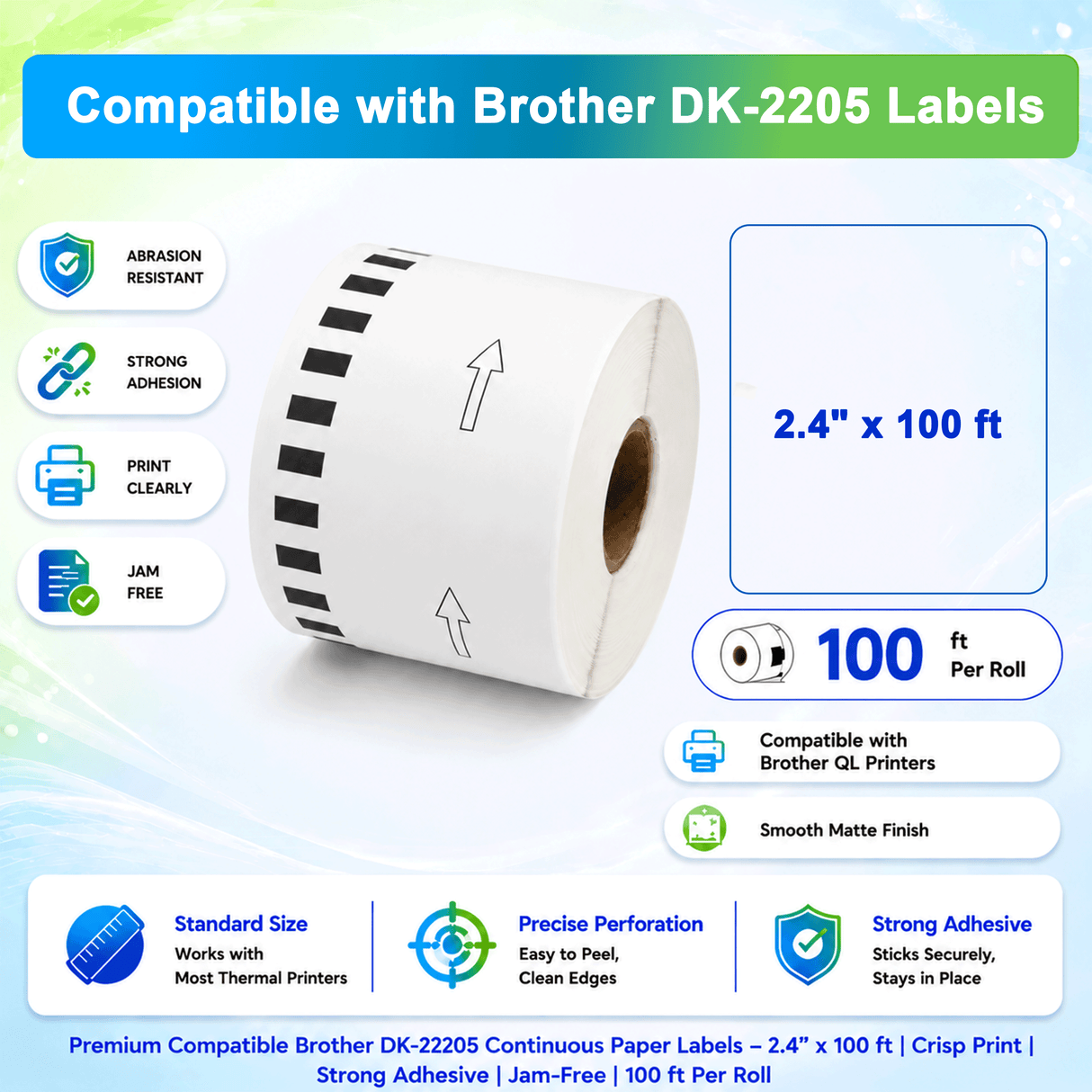 Brother DK-2205 Premium Compatible Continuous Paper Labels – 2.4" x 100 ft | Crisp Print | Strong Adhesive | Jam-Free