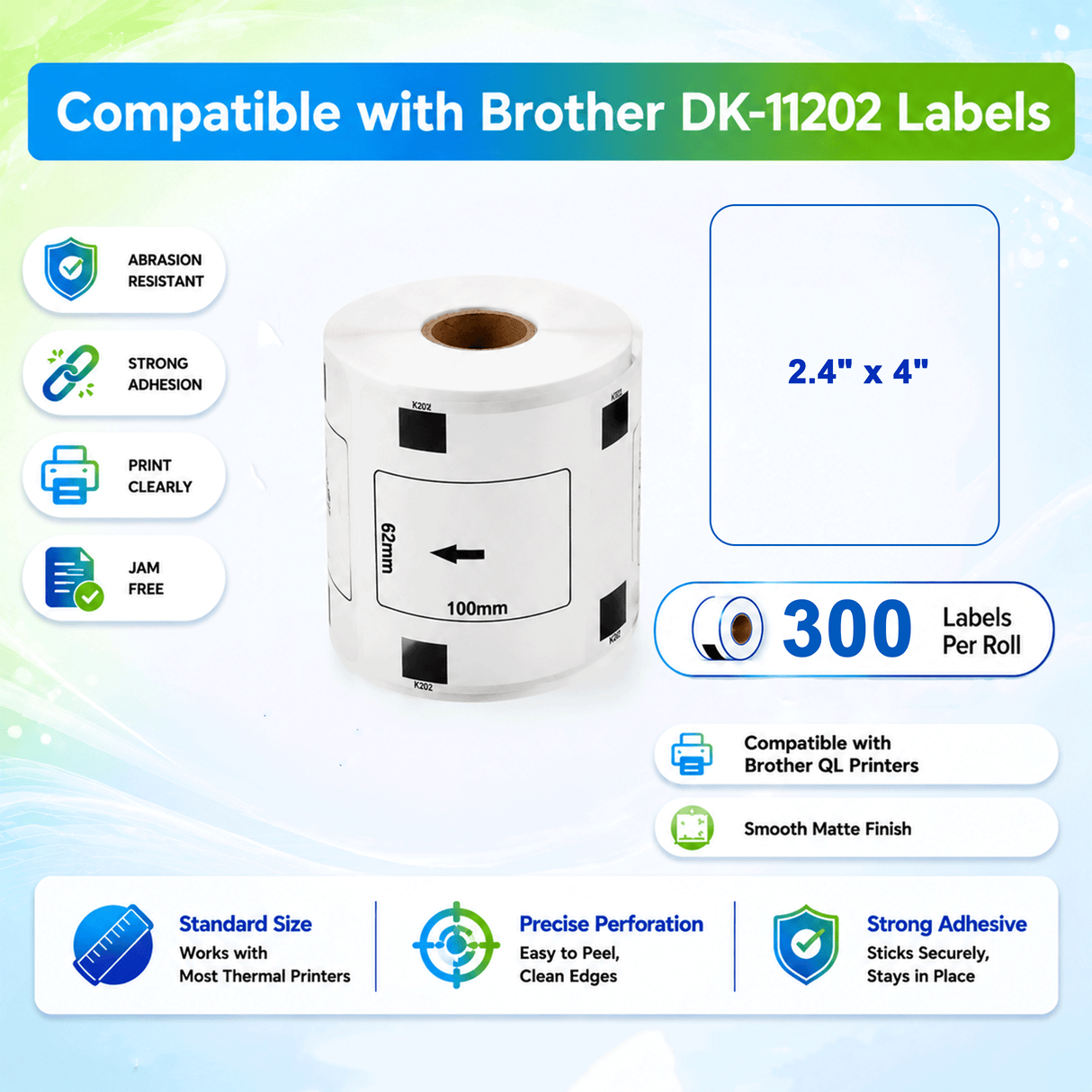 Brother DK-1202 Compatible Shipping / Multipurpose Labels – 2.4" x 4" | Crisp Print | Strong Adhesive | Jam-Free | 300 Labels Per Roll