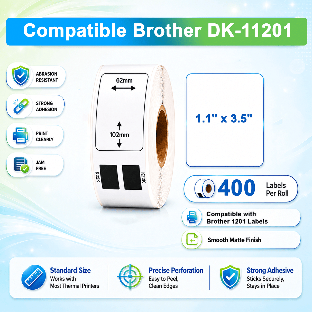 Brother DK-1201 Compatible Multipurpose / Return Address Labels – 1.1" x 3.5" | Crisp Print | Strong Adhesive | Jam-Free | 400 Labels Per Roll